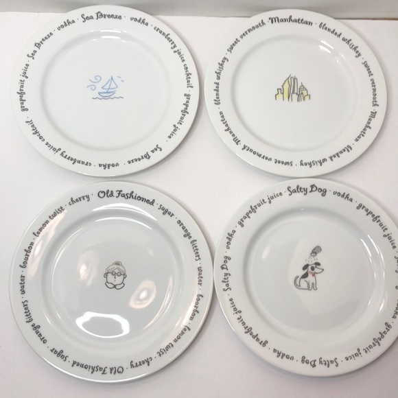 4 Pottery Barn 8 inch Appetizer Plates Bar Lingo Mixed Drinks - Picture 1 of 2